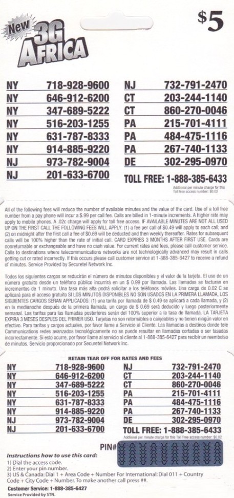 3g Africa phone card back