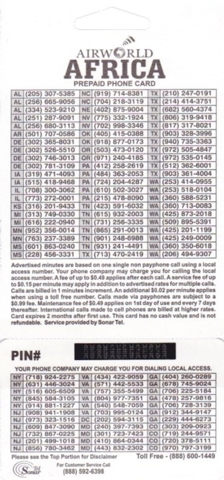 Airworld Africa $2 phone card back