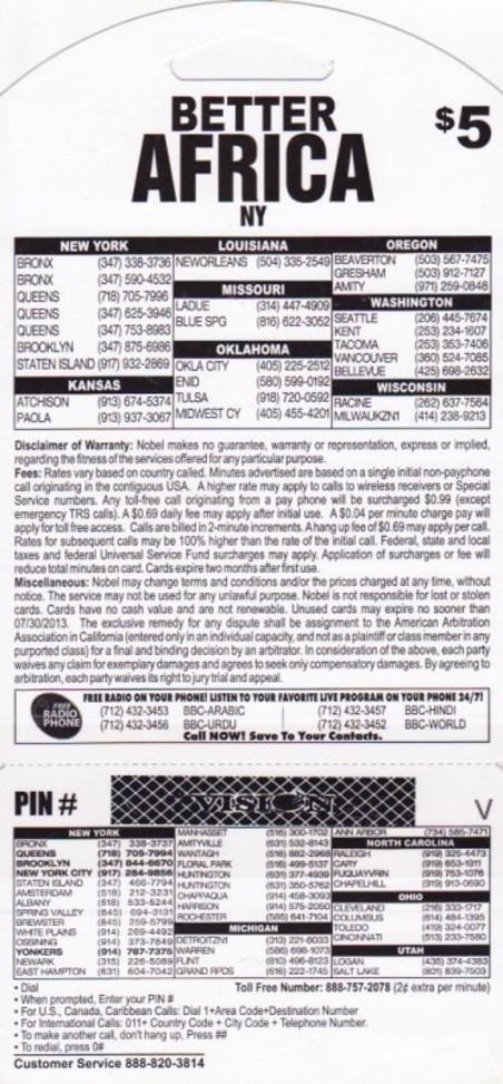 Better Africa phone card back