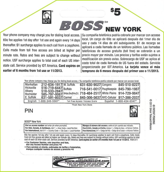 Boss New York phone card back