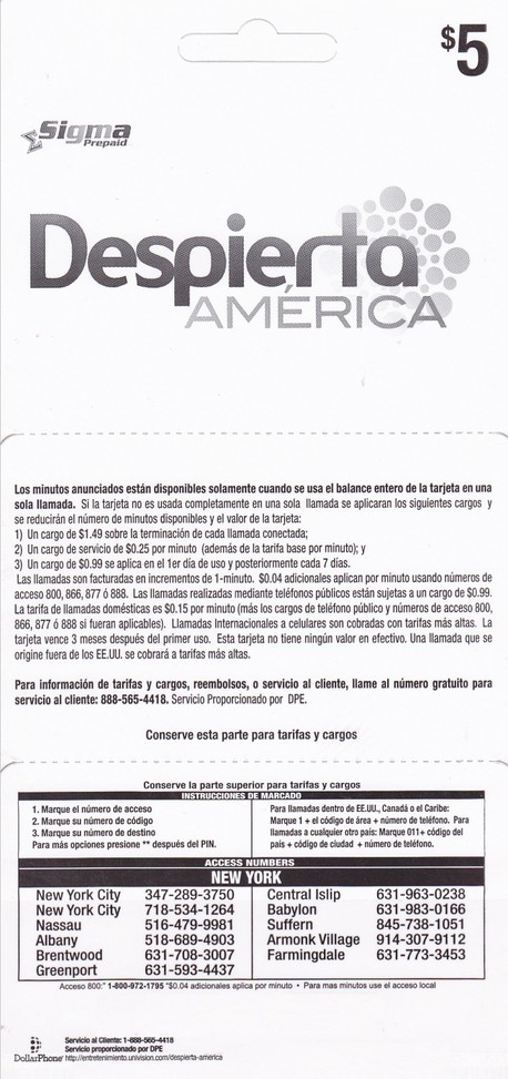 Despierta America 5 phone card back