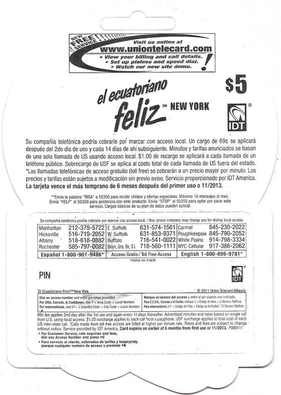 El Ecuatoriano Feliz 5 phone card back