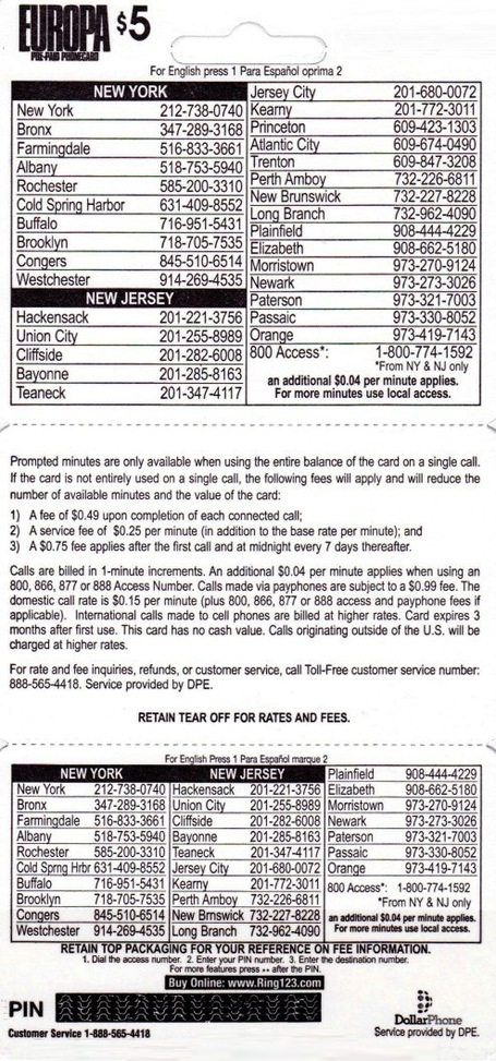 Europa phone card back