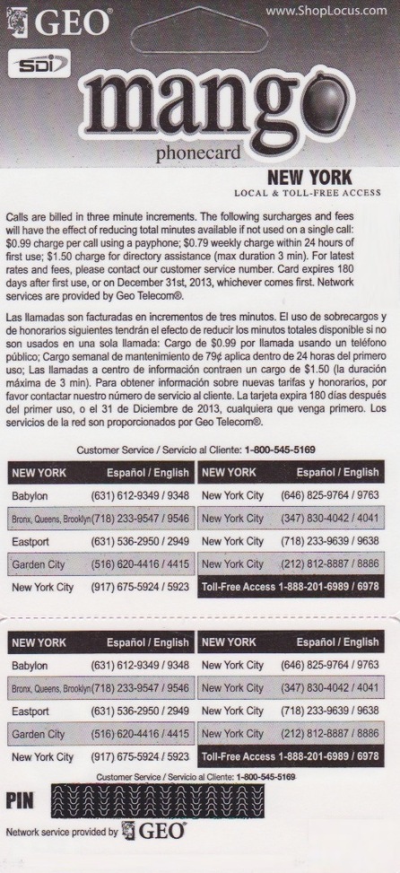 Mango phone card back