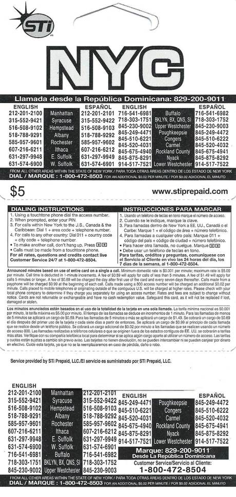 NYC phone card back